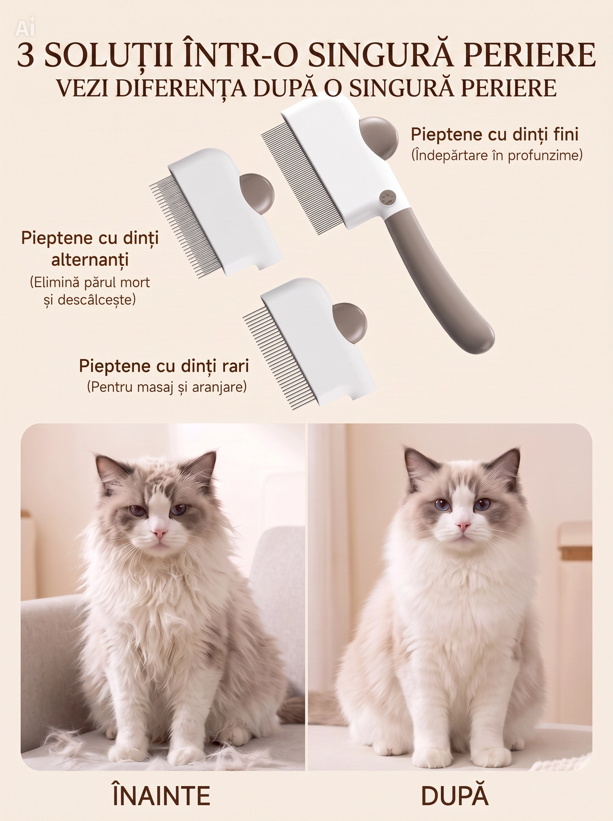 Perie 3-in-1 pentru pisici si caini